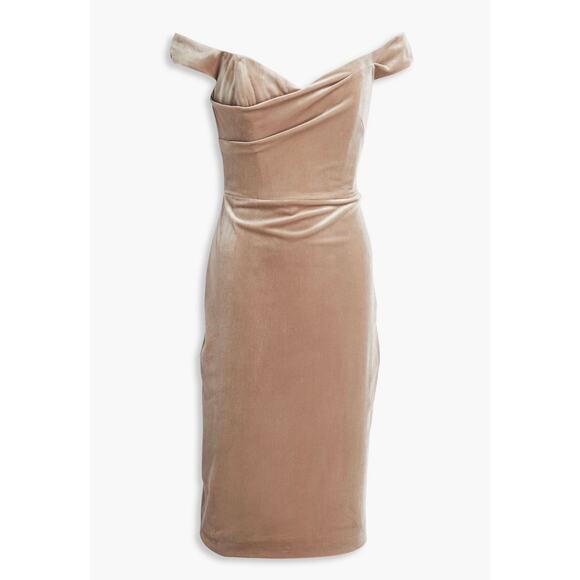 NWT MARCHESA NOTTE Off-the-shoulder draped velvet mushroom dress size US 8 - Picture 1 of 8
